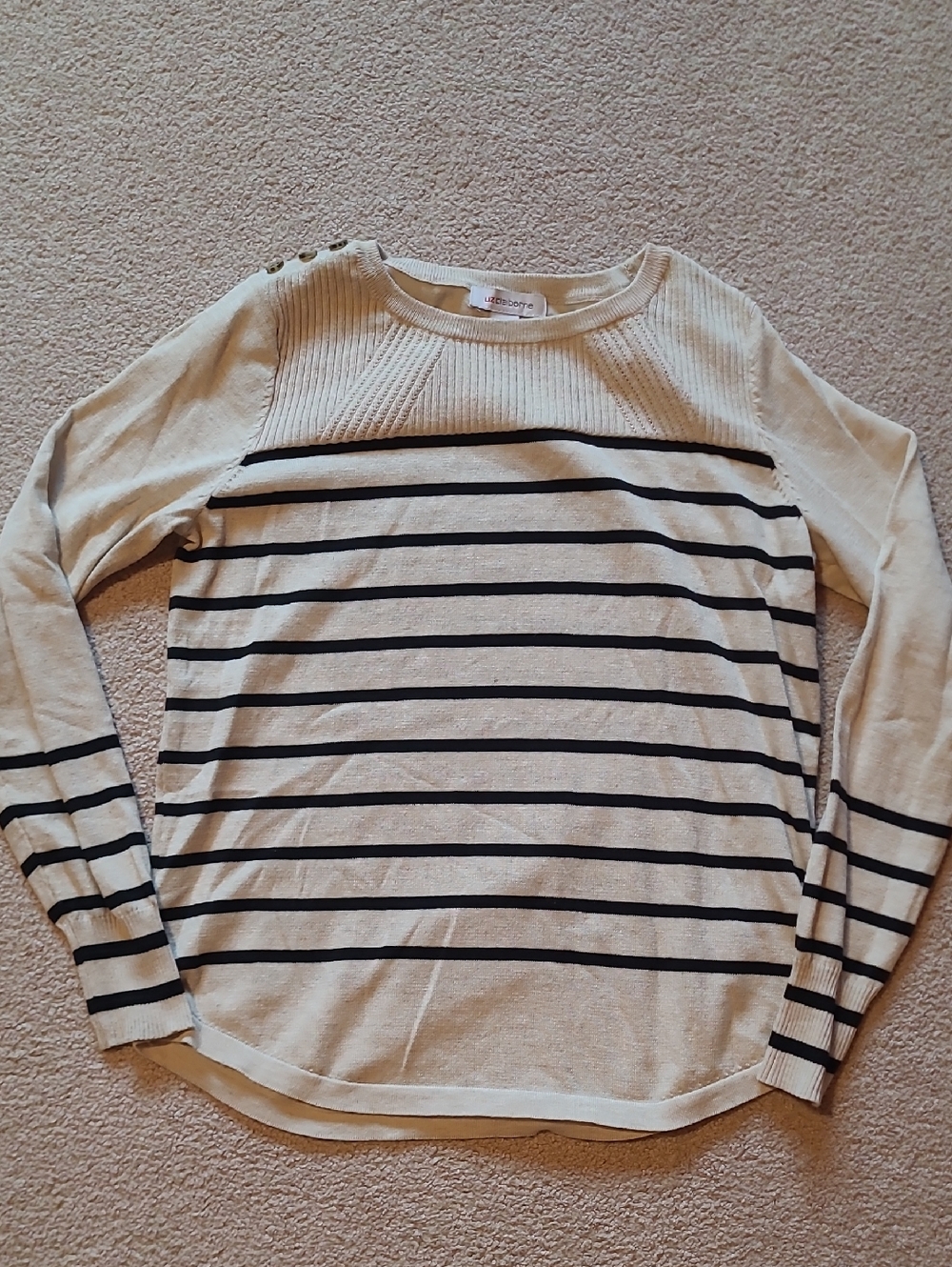 Liz Claiborne Cream and Black Striped Long-Sleeve Top